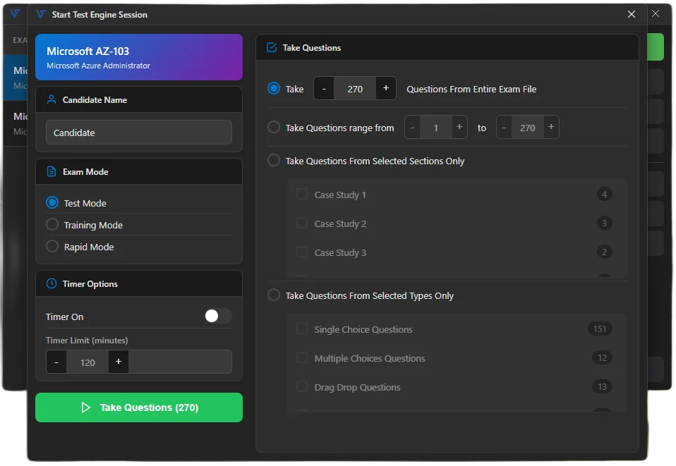 VTS Exam Simulator session setup screen